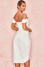 High Split Ruched Off Shoulder Satin Midi Corset Dress - White