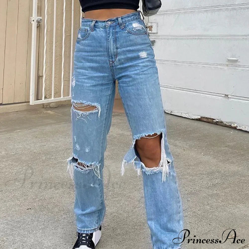 High Straight Leg Baggy Streetwear Waist Pants High Jeans Ripped Boyfriend Women Trousers