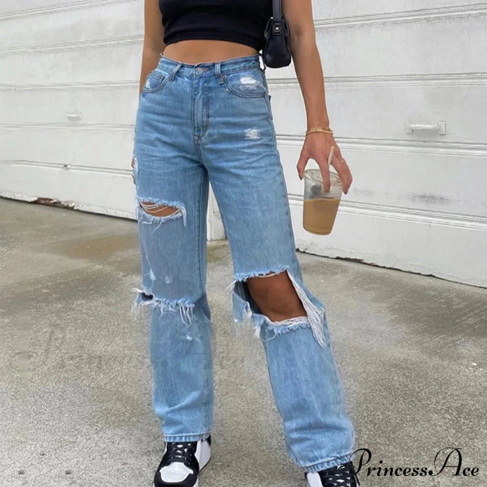 High Straight Leg Baggy Streetwear Waist Pants High Jeans Ripped Boyfriend Women Trousers