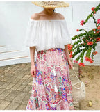High Waist Floral Beach Skirt Lace Patchwork Chic Cotton Maxi