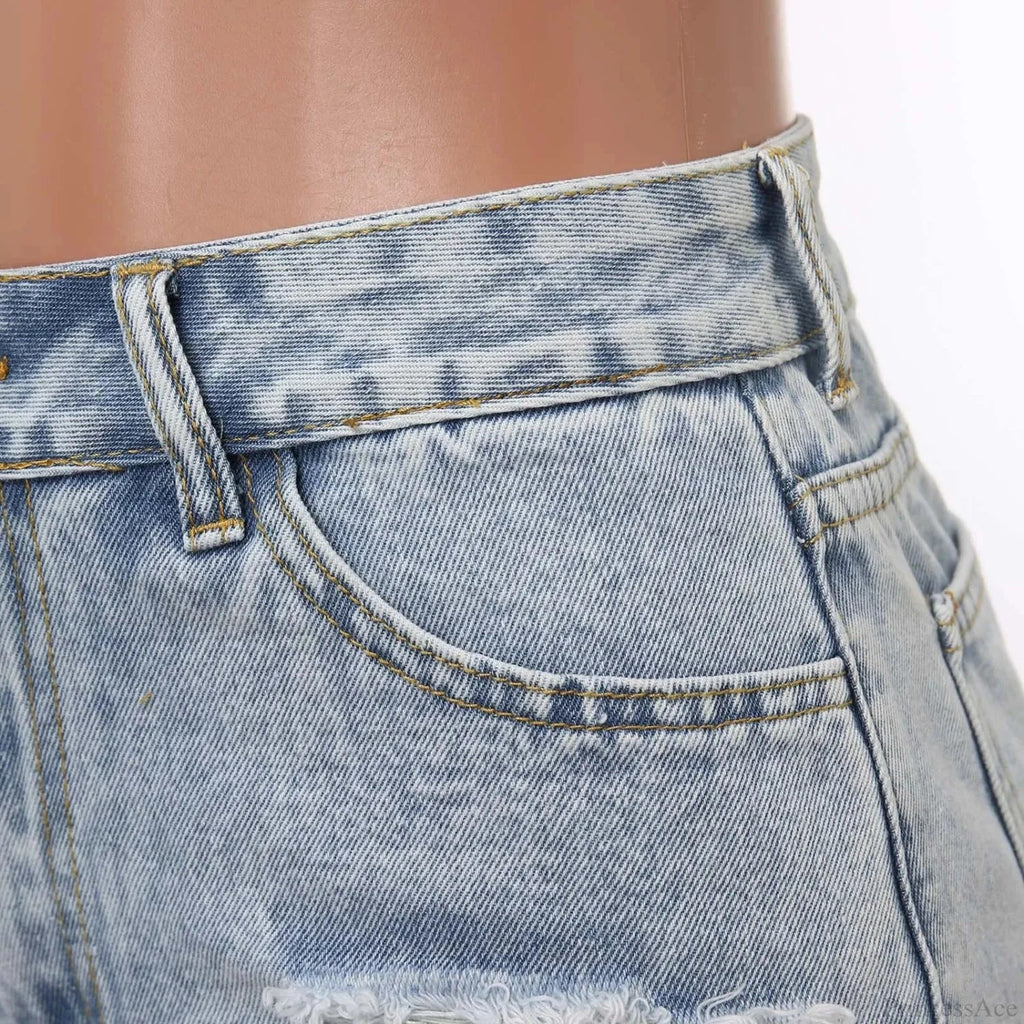 High-Waist Ripped Washed Denim Short