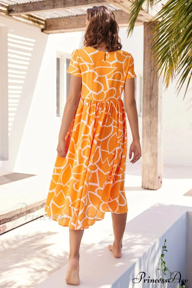 High Waist Ruched Dress with Geometric Print