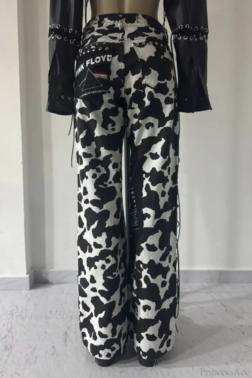 High Waist Slim Milk Print Tassel Rivet Denim Pants