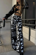 High Waist Slim Milk Print Tassel Rivet Denim Pants