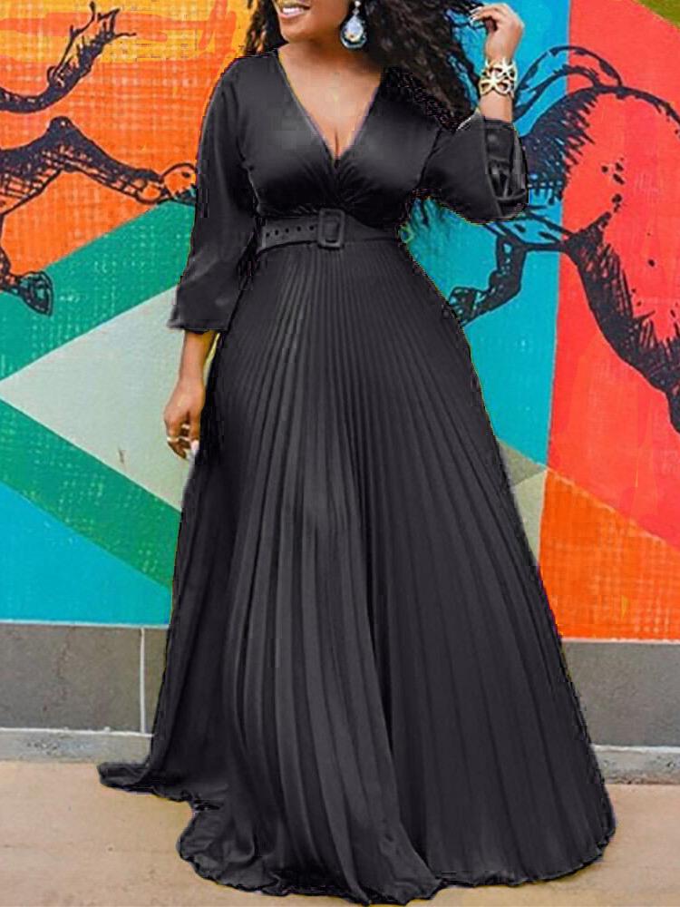 High Waist Slim Solid Elegant Long sleeved Long Dress