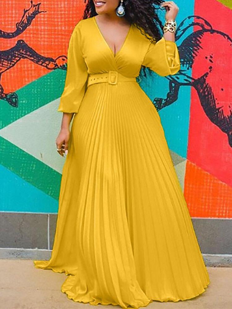 High Waist Slim Solid Elegant Long sleeved Long Dress
