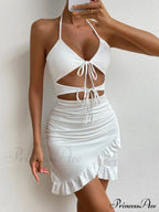Hollew Out Lace Up Bodycon Mini Sleeveless Open Back Pleated Hip Wrap Ruffle Cut Out Dress