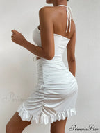 Hollew Out Lace Up Bodycon Mini Sleeveless Open Back Pleated Hip Wrap Ruffle Cut Out Dress