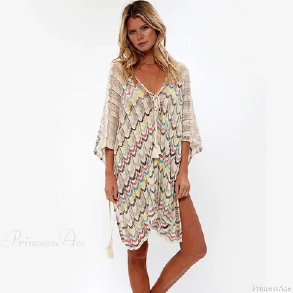 Hollow Deep V-neck Lace Boho Mini Dress Cover up