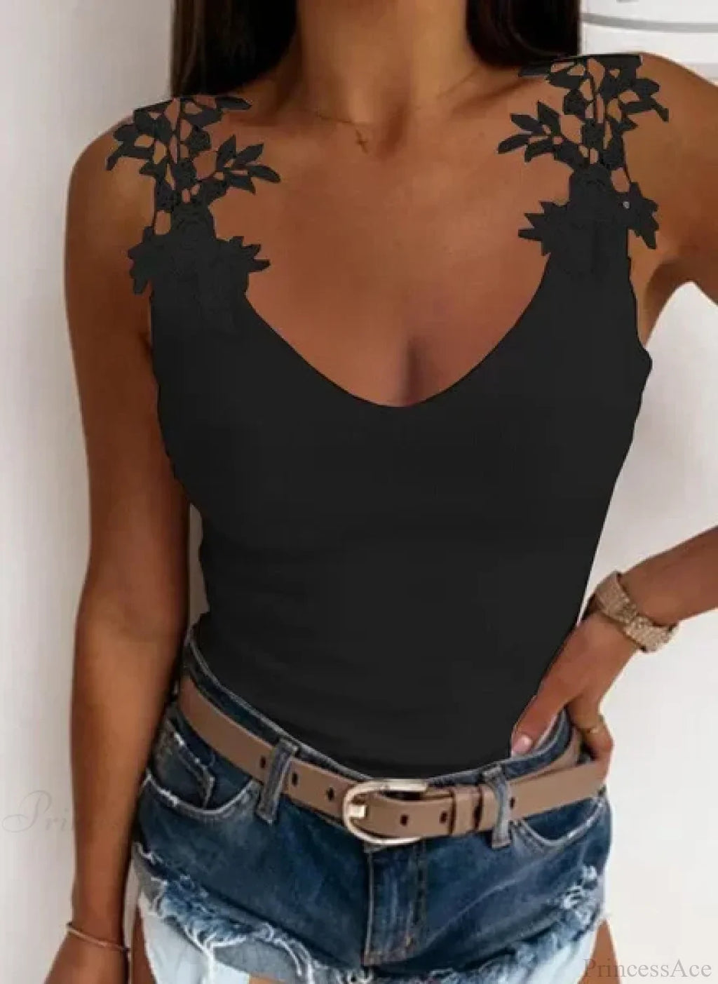 Hollow Lace Petal V-Neck Oversize Casual Slim Fit Tank Top