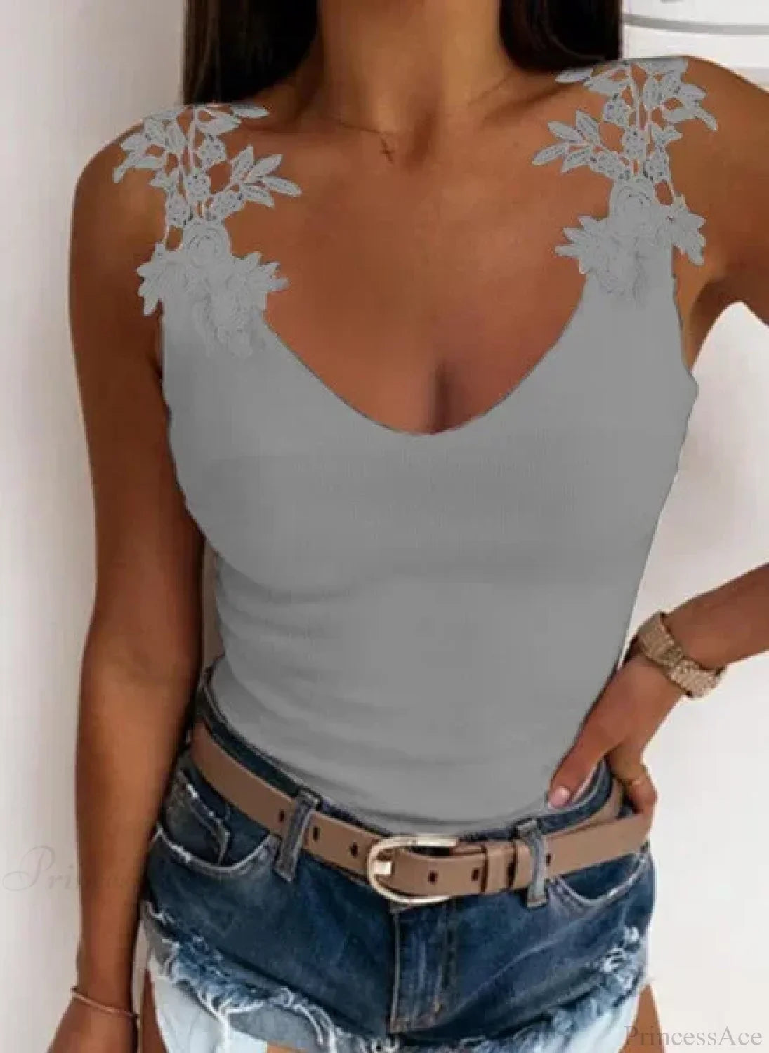 Hollow Lace Petal V-Neck Oversize Casual Slim Fit Tank Top