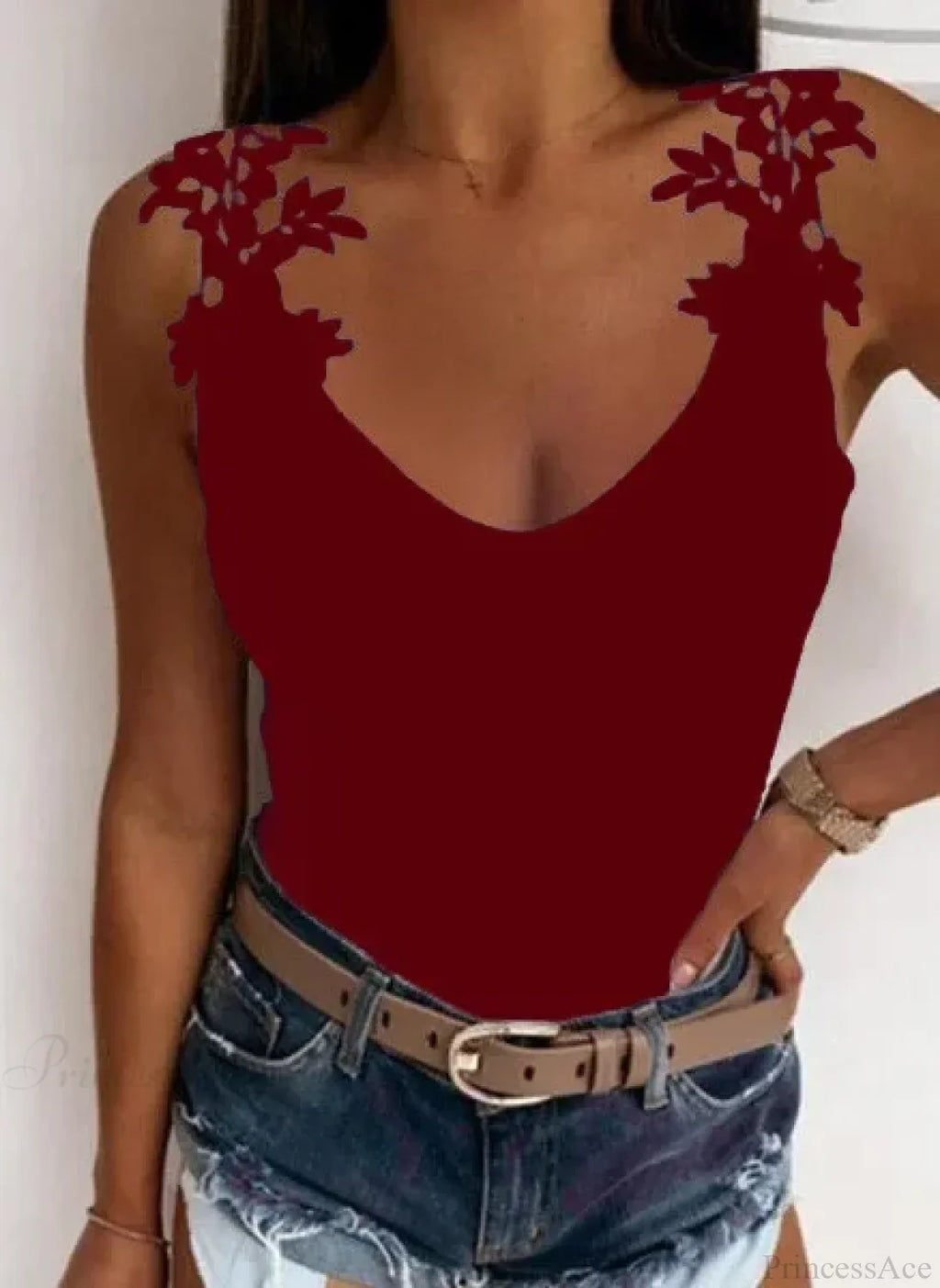 Hollow Lace Petal V-Neck Oversize Casual Slim Fit Tank Top