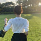 Hollow Lace Puff Sleeve Peter Pan Collar Blouse