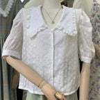 Hollow Lace Puff Sleeve Peter Pan Collar Blouse