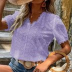 Hollow Lace Puff Sleeve V-neck Pullover Blouse