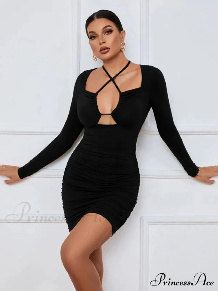 HOLLOW LONG SLEEVE SHORT DRESS