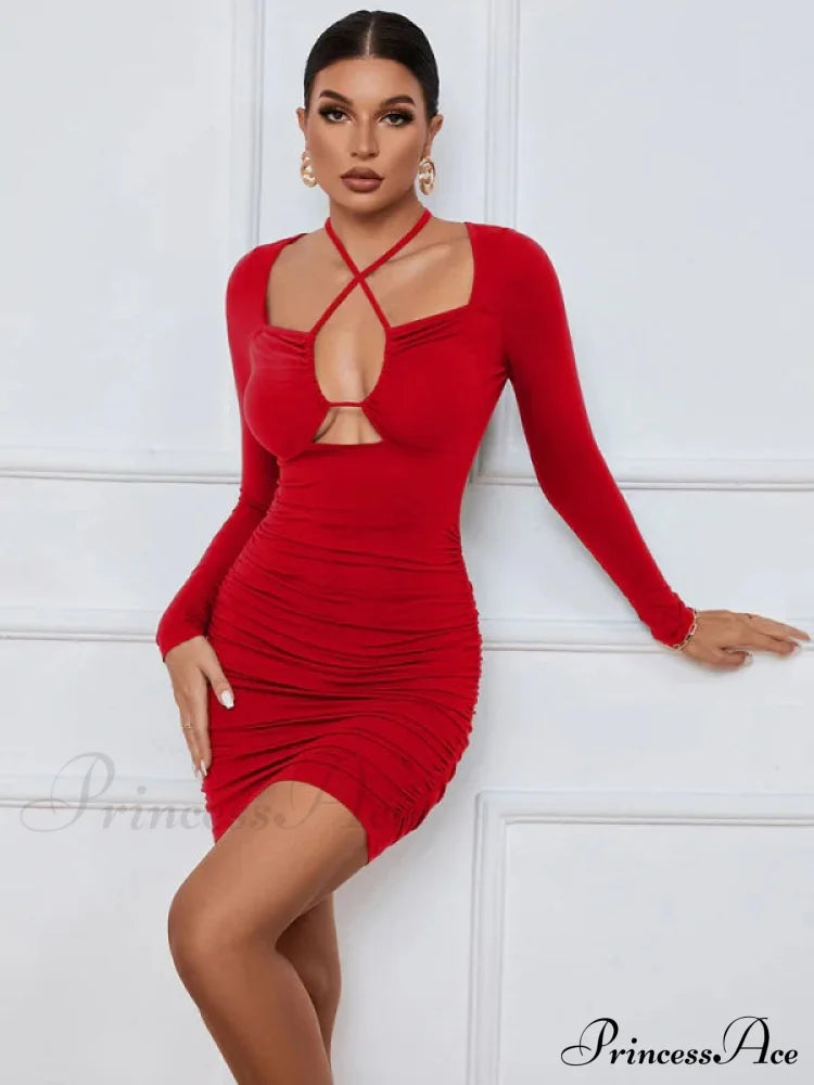 HOLLOW LONG SLEEVE SHORT DRESS