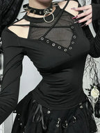 Hollow Mesh Patchwork Knit Top