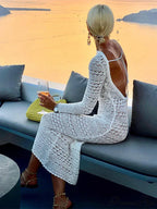 Hollow Out Backless Knitted Fashion Long Sleeve Lace Up Mix Midi Dress