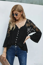 Hollow Out Deep V-Neck Flare Sleeve Boho Blouse