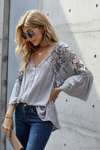 Hollow Out Deep V-Neck Flare Sleeve Boho Blouse