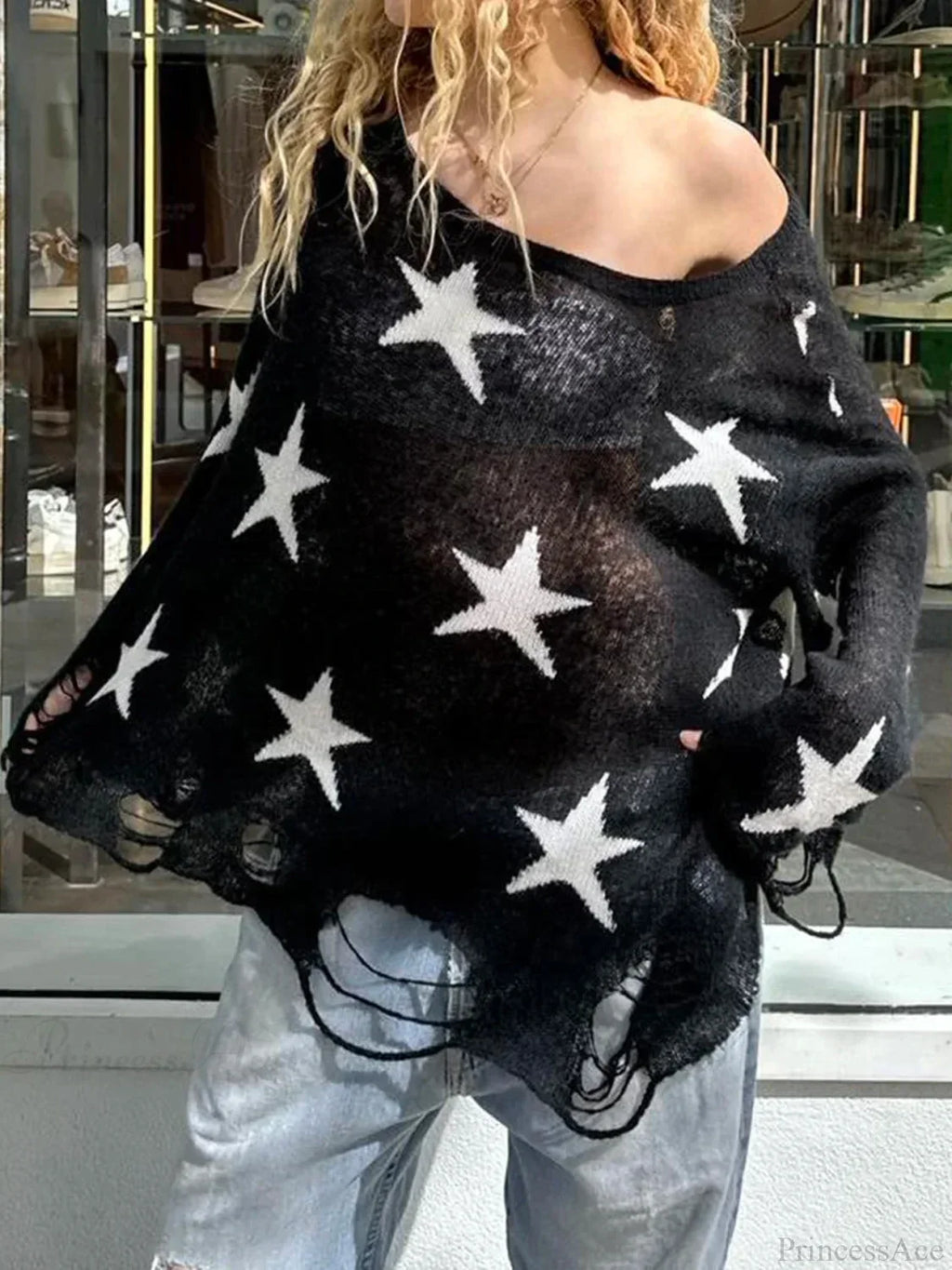 Hollow Out Knitted Gothic Crew Neck Long Sleeve Pullover Sweater