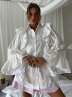 Hollow Out Lotus Leaf Edge White Blouse