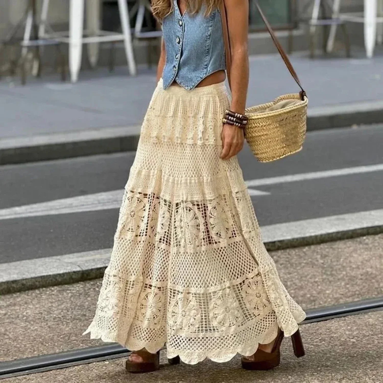 Hollow Out Maxi Skirt Solid Color A-line Hook Romantic Holiday