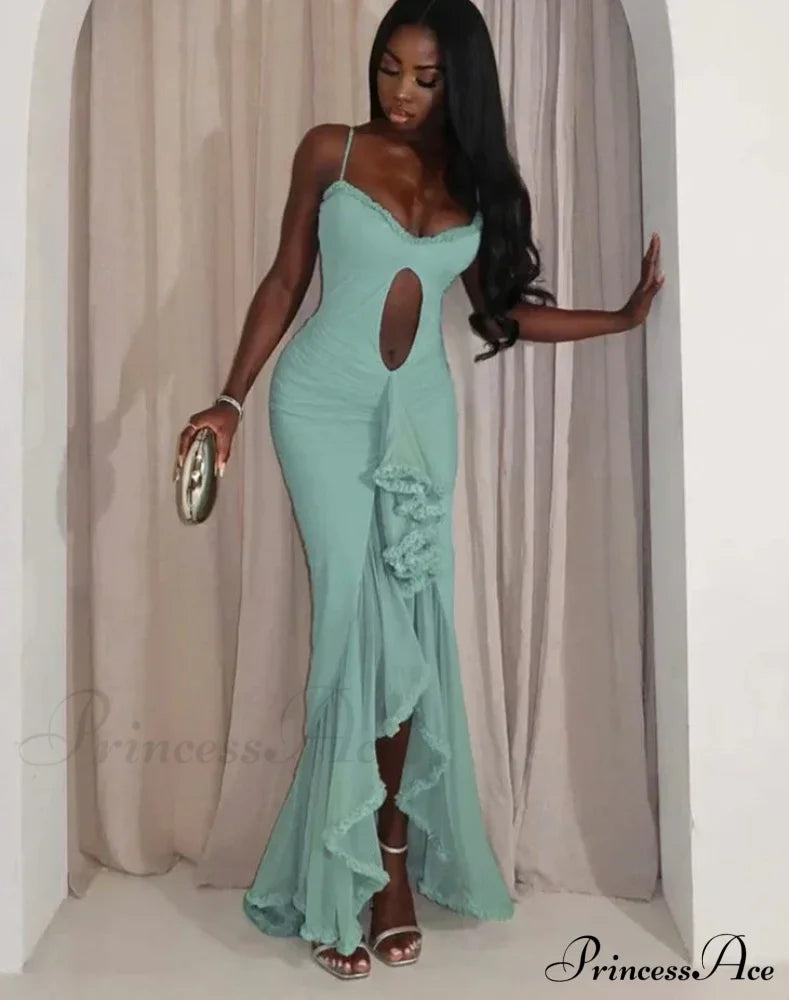 Hollow Out Ruffles Charming Strap Midi Dress