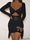 Hollow Pleated Open Shoulder Fashionable Mini Skirt Cut Out Dress