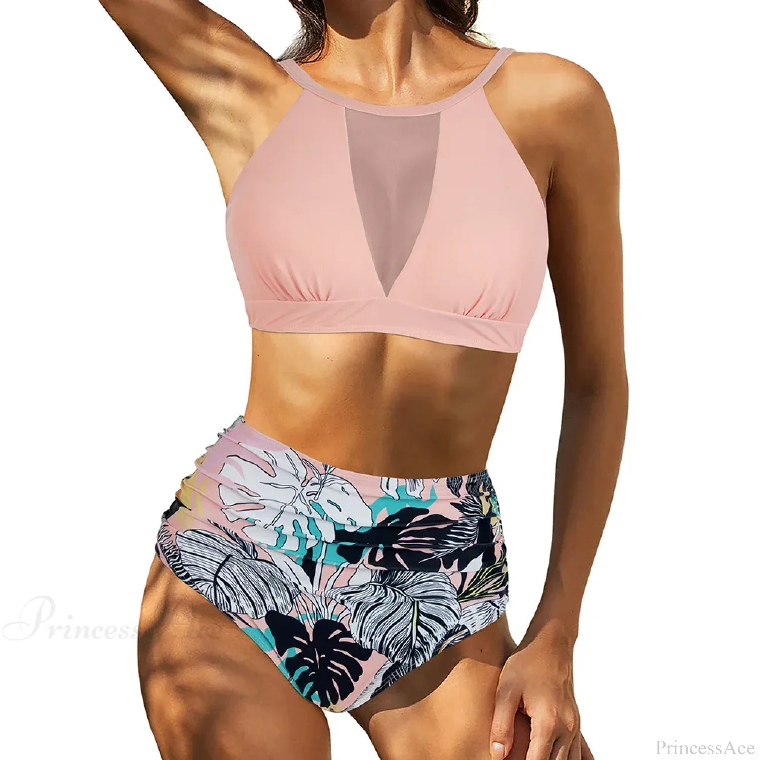 Hollow Solid Color High Waist Two Piece Set