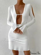Hollow V Neck Long Sleeve Open Back Lace Up Wrapping Nightclub Cut Out Dress
