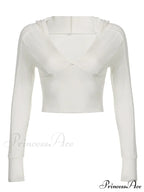 Hooded Ribbed Long Sleeve Deep V Neck Solid Color Slim Fit T-shirts