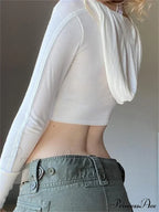 Hooded Ribbed Long Sleeve Deep V Neck Solid Color Slim Fit T-shirts