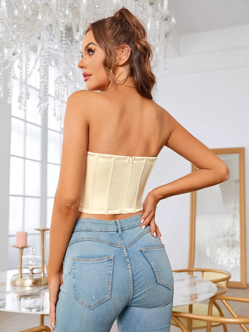 Hook And Eye Placket Boning Satin Tube Top