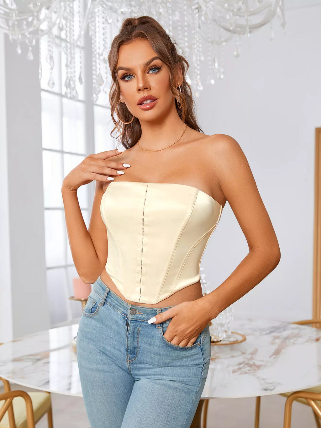 Hook And Eye Placket Boning Satin Tube Top