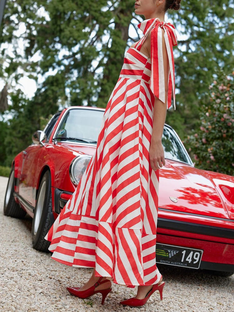 Hidden Striped Turtle High Waisted Maxi Dress - Poppy & Antique Stripe