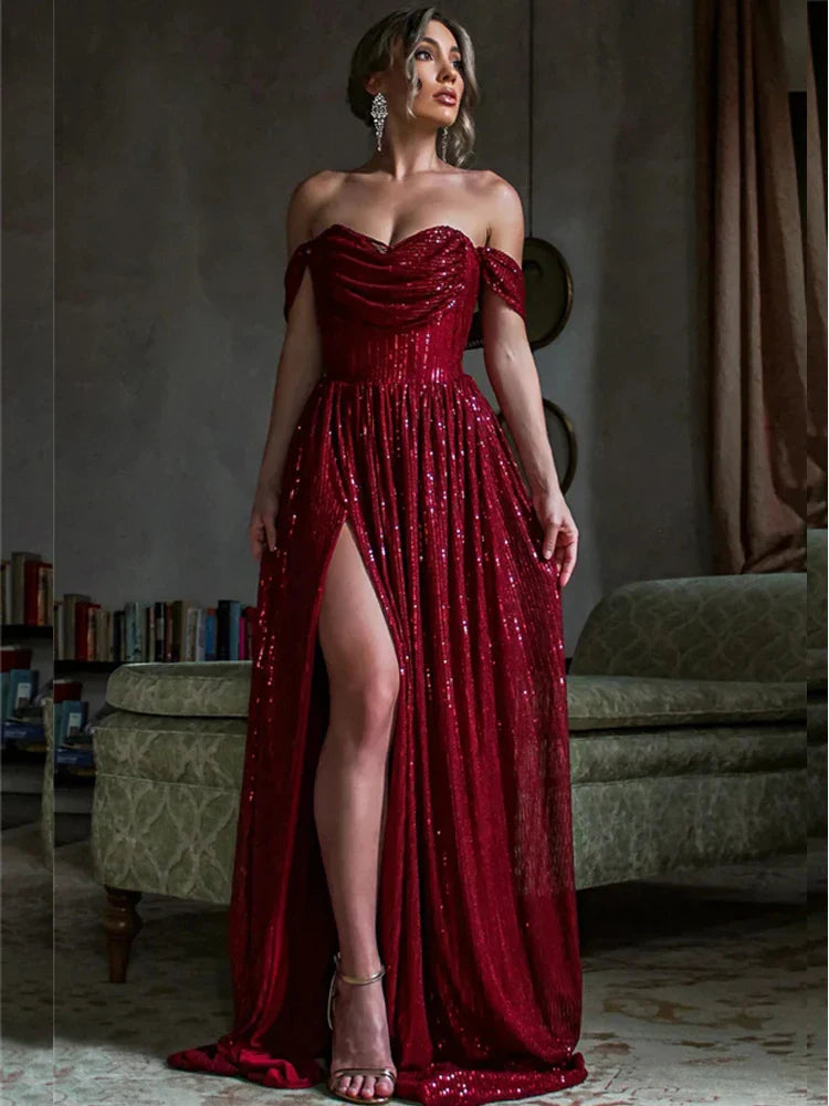 Off-Shoulder Ruched Sequin Party Dress