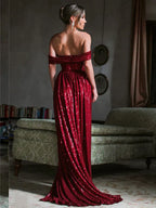 Off-Shoulder Ruched Sequin Party Dress