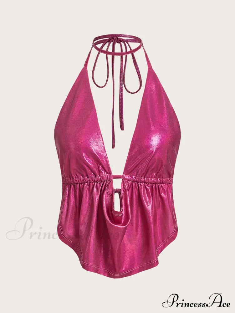 ICON Draped Front Backless Knot Hanky Hem Halter Top
