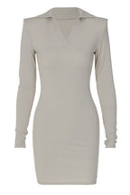 Iconic Ribbed Collared V Neck Padded Long Sleeve Mini Dress - Gray