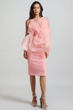 Alaya Slant Shoulder 3D Floral Midi Dress-Pink