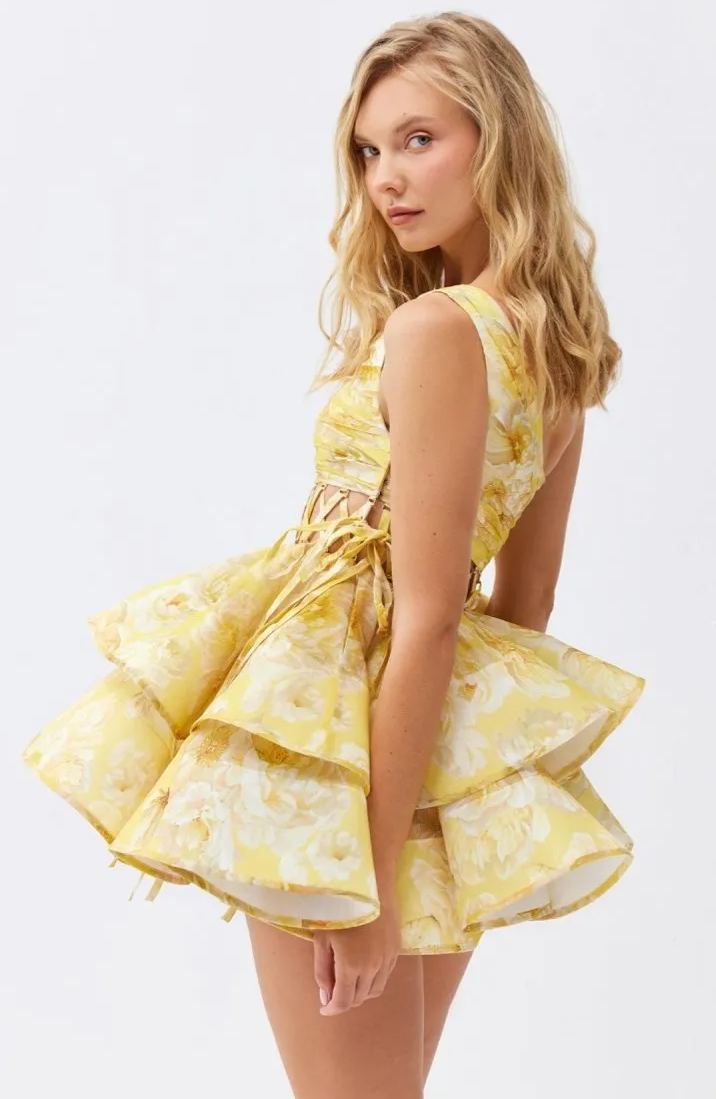 Aurora Premium Floral Print One Shoulder Chiffon Mini Dress Chic Silhouette Collection