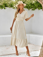 Estela Timeless Belted Wrap Layered Maxi Dress Elevated Occasion Wear