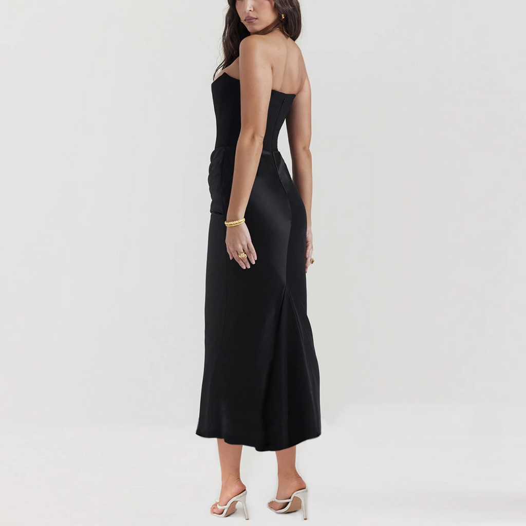 Viviana - Black Strapless Faux Suede Corset & Satin Dress