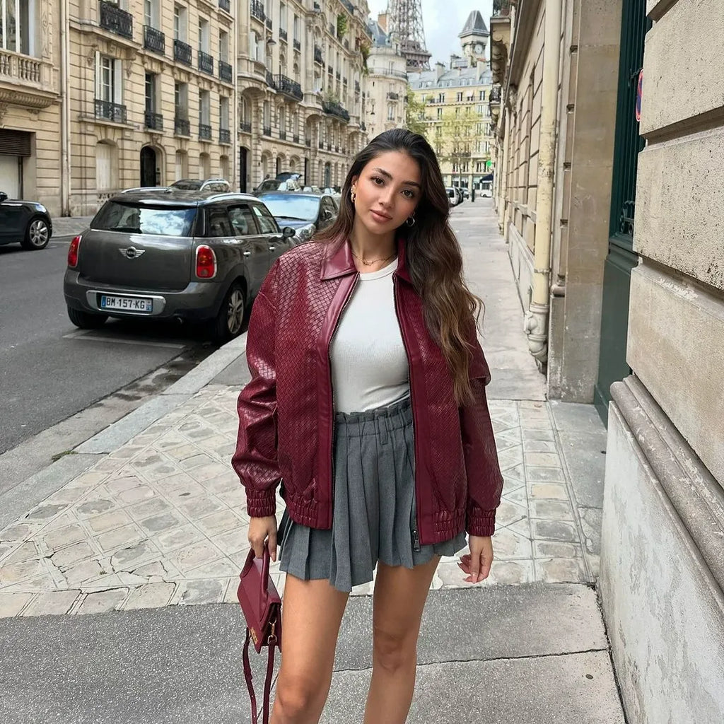 Catalyna Burgundy Faux Leather Jacket