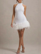 Dancefloor Elf Sequin Feather Trim High Neck A-line Mini Dress