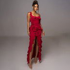 Backless Slit Spliced Halter Dress