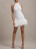 Dancefloor Elf Sequin Feather Trim High Neck A-line Mini Dress