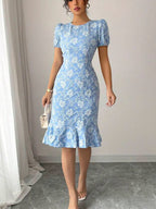Flattering Slim Fit Flower Textured Puff Sleeves Bodycon Midi Dress